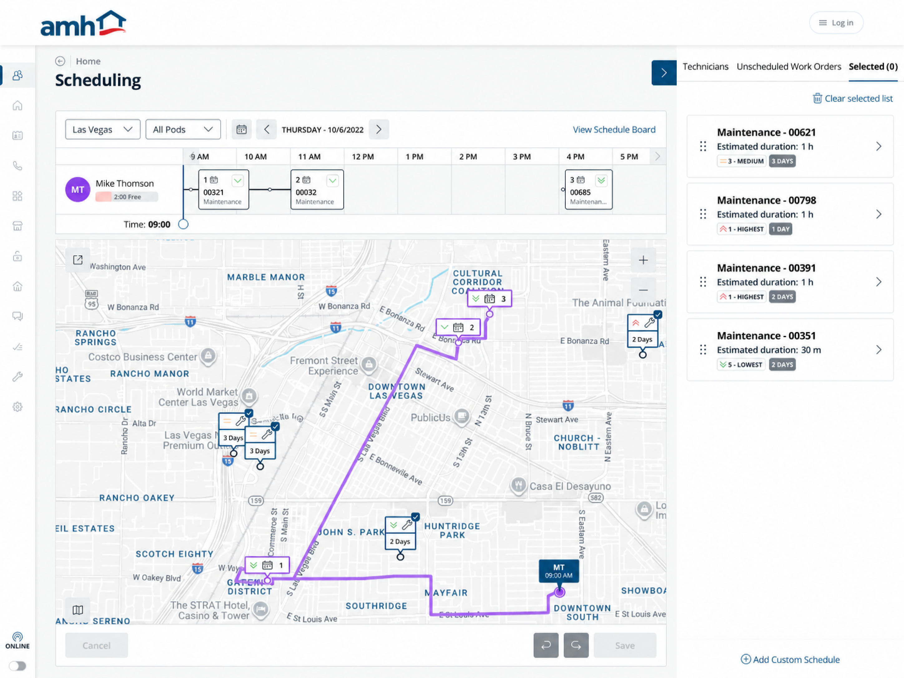 AMH Scheduling workspace showing a technician timeline and route-aware map in the same decision space